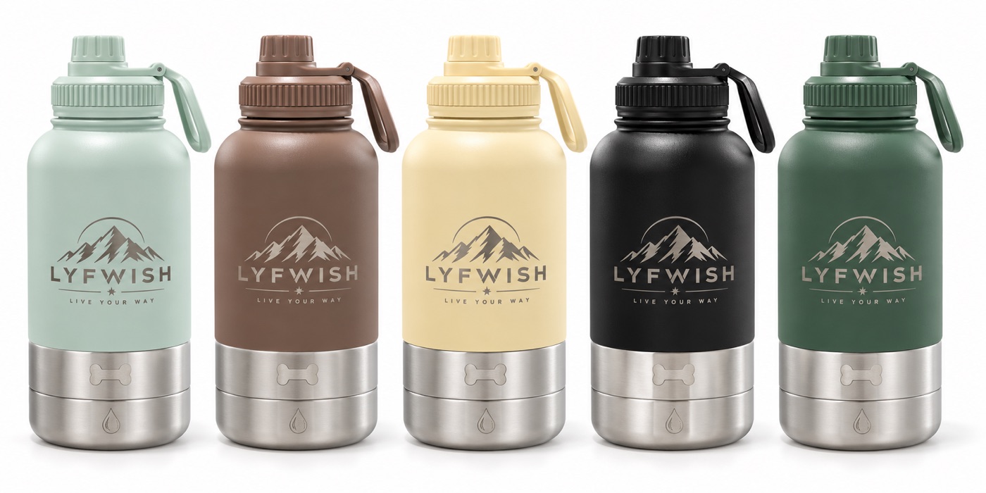 LYFWISH 3-in-1 pet water bottle and bowl system in five colors